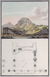 Ansicht des Theaters von Sardis und ein Plan des Ionischen Tempels in Sardis, ca. 1750